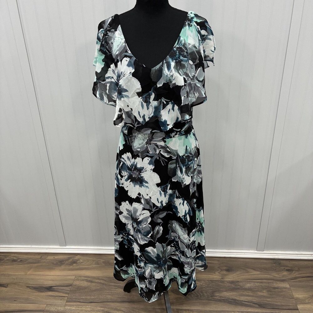 NWT Lane Bryant Womens 16 Floral Chiffon Midi Dress Flutter Sleeve Belted Teal